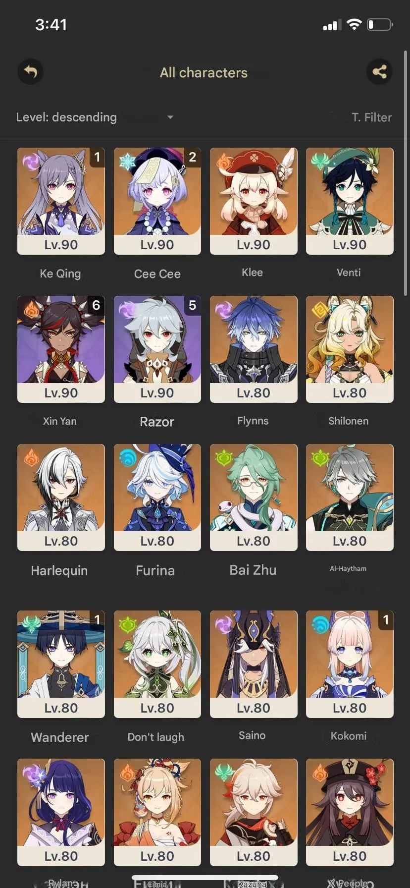 GI996 Raiden + Engulfing Lightning, Hu Tao + Staff of Homa, Harlequin + Signature, Shilonena, High AR58 Account 